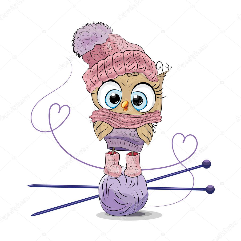 Knitting with yarn. Knitted clothing is hobby. bird in hat.