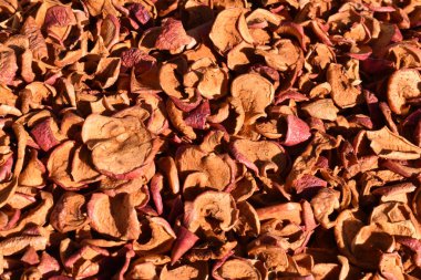 Kurutulmuş elma dilimleri, bir sürü. Vitamin diyeti. Vejetaryenler için yiyecek..