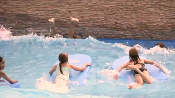 Aynı parkta havuzda yüzen bir grup insan. Su sporları aktiviteleri — Stok video