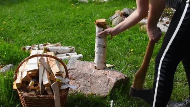 女の子は薪の丸太をストーブのために摘み取る。村の活動。草の上の丸い薪 — ストック動画