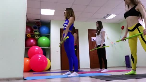 Groep jonge Kaukasische vrouwen doen oefeningen met stick staan in de fitness-studio — Stockvideo