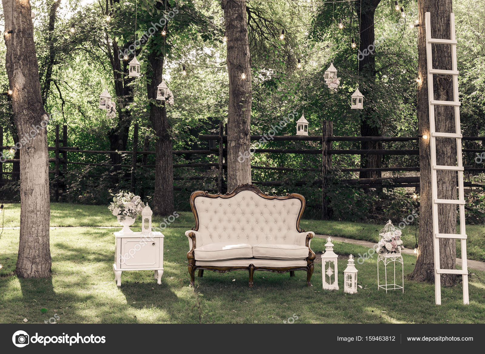 Wedding Ceremony Decorations In Restaurant Outdoors Stock Photo