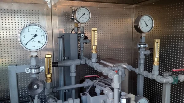 stock image Pressure gauges installed on pipeline. Measurement of water pres