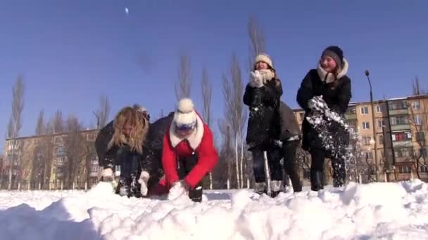 Vysoká škola studenty campus koulovačka na slunný zimní den. — Stock video