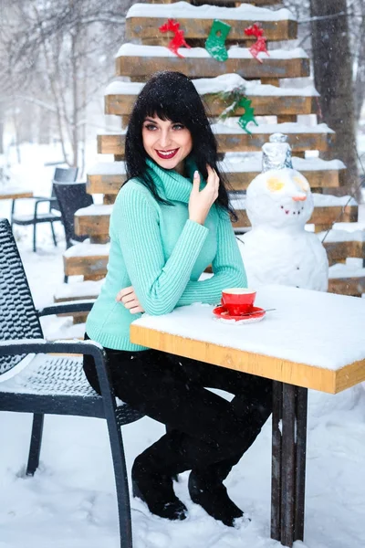 Attractive young woman drinks a coffe in street cafe at snowy wi