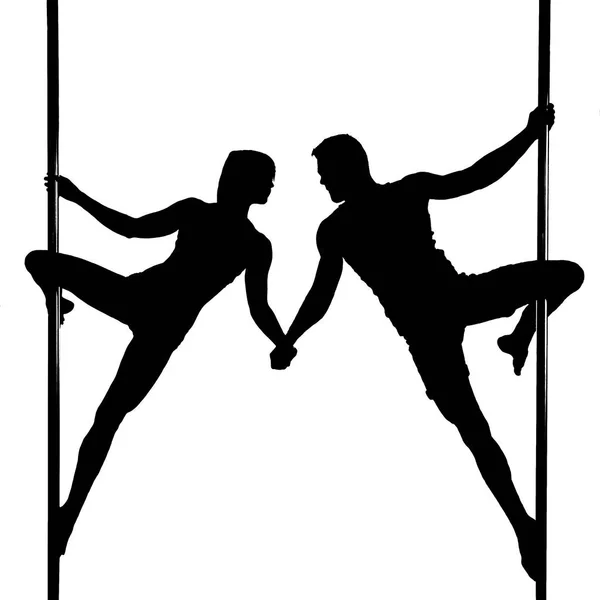 Silhouette of young athletic  woman and man doing strength exerc — Stock Photo, Image