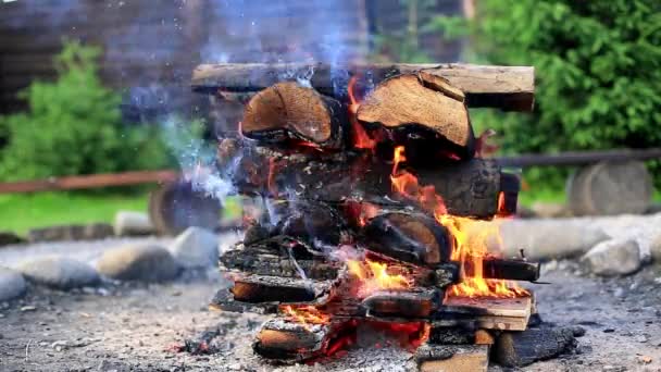 Grumes empilées dans un feu de bois dans un feu de camp gros plan . — Video