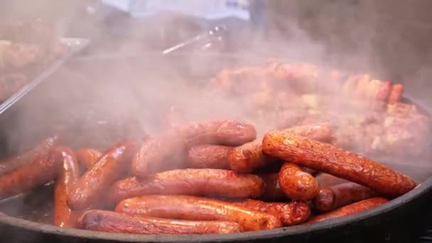 Hot Grilled Sausages Barbecue Steamed Outdoor Cafe Fair — Stock Video