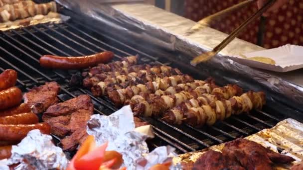 Fresh Grilled Sausages Barbecue Steamed Outdoor Cafe Fair — Stock Video