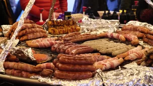 Saucisses Grillées Frites Barbecue Sur Une Grande Poêle Ronde Sur — Video