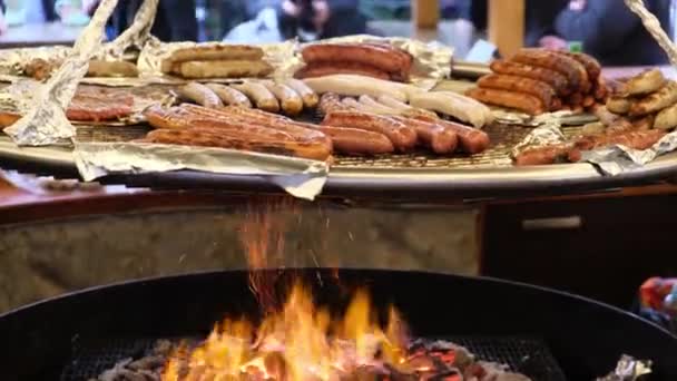 Pork Chiken Beef Grilled Sausages Fried Large Pan Open Fire — Stock Video