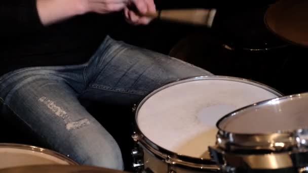 Man Drummer Playing Drums Concert Club Closeup — Stock Video