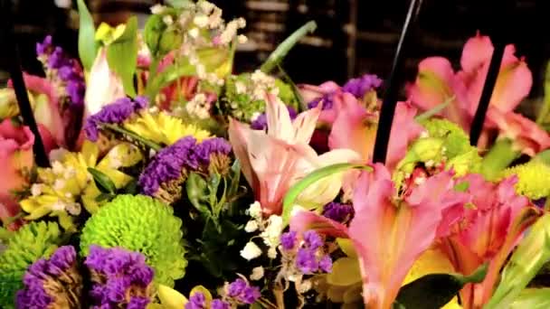 Rotating Beautiful Bright Bouquet Colorful Alstroemeria Limonium Rose Tulip Flowers — Stock Video