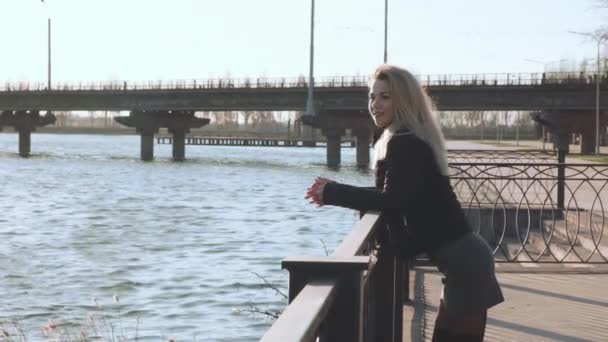 Beautiful Young Woman Walking River Embankment City Sunny Day — Stock Video