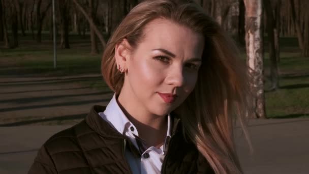 Portrait Beautiful Young Woman Standing City Park Sunny Windy Day — Stock Video