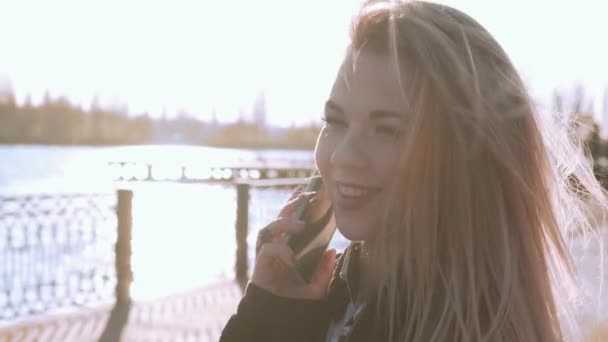 Portrait Beautiful Young Woman Talking Phone River Embankment City Sunny — Stock Video
