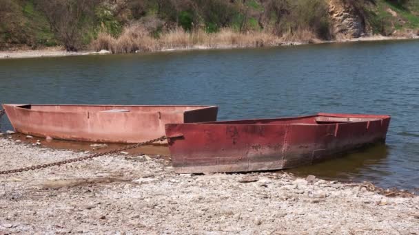 Two Old Rusty Metal Boats Chained River Bank Sunny Day — Stock Video