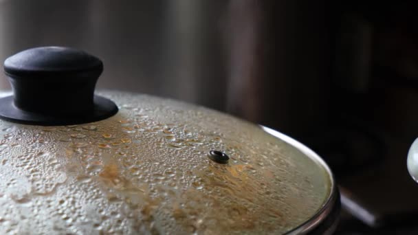 Şeffaf Plastik Bir Kapakta Sıvı Yoğunlaşır Mutfakta Yemek Pişirirken Basınç — Stok video