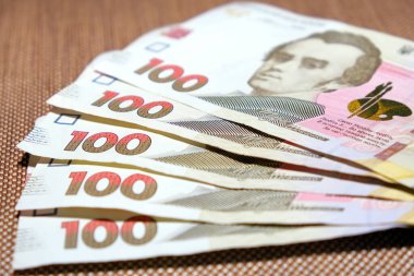 Beş yüz Hrivnas Bankası Ukrayna 'nın parasını bir kumaş dokusu arka planında yakın planda tutuyor.