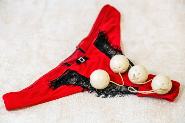 Close Women Red Bikini Panties Sex Toy Four Vaginal Balls — Stock Photo, Image