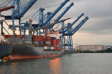 Limanda vinçleri olan bir yük gemisi var.