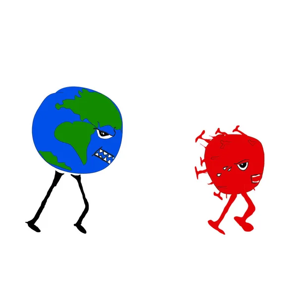 Earth character is chasing the deadly virus. The coronavirus is running from the power of Earth. concept ilustration.