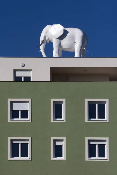 Білий пластиковий слон на даху зеленого будинку — стокове фото