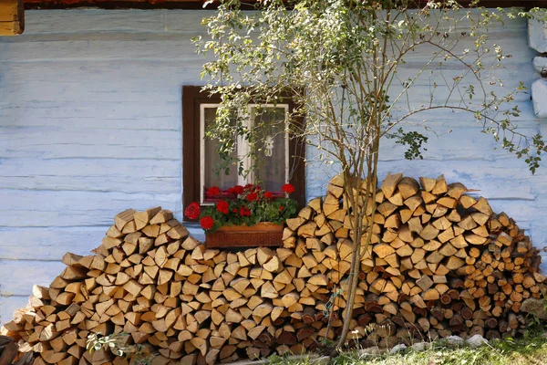 Firewood empilhado perto da antiga cabine de madeira — Fotografia de Stock