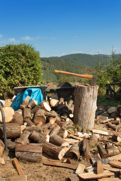 ログと薪に古い斧。木に薪を割って後カットを斧します。. — ストック写真