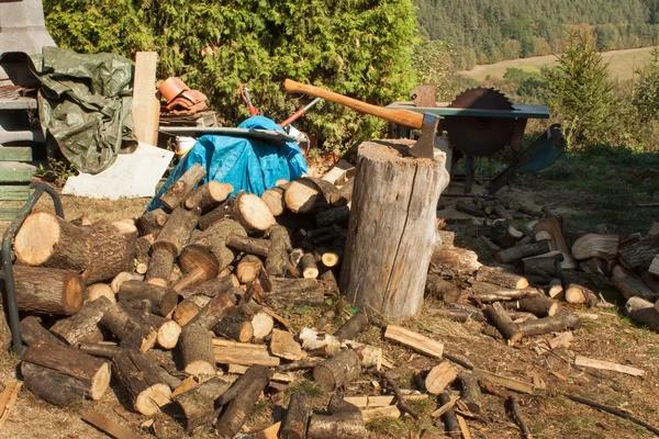 Vieille hache sur billes et bois de chauffage. Hache coupée en bois après avoir coupé du bois de chauffage . — Photo