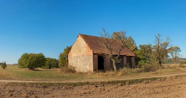 Alte Scheune und Baum vor blauem Himmel. Verlassene Wirtschaftsgebäude mit verwitterter Mauer. — Stockfoto