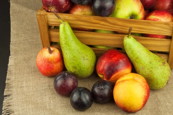 Ciruela y manzanas sobre mesa de madera. Frutas de otoño. Cosecha de otoño en la granja. Una dieta saludable para los niños . — Foto de Stock