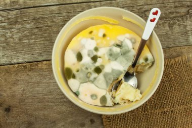 Küflü puding. Zehirli gıda kalıp tam. Sağlıksız yiyecek. Yemek için mantar sporları. Kalıp büyüyen.