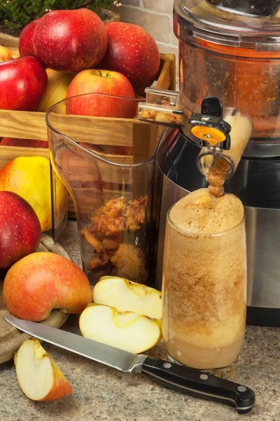 国産の新鮮なリンゴ ジュース。フルーツ加工。果実飲料の生産。健康的なライフ スタイル. — ストック写真