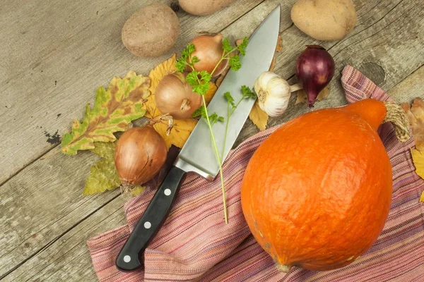 Zucche mature Hokkaido. Verdure autunnali sul tavolo della cucina. Pubblicità in vendita. Preparare la tradizionale zuppa di zucca . — Foto Stock