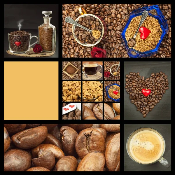 We love coffee. Coffee Collage. Advertising for the sale of coffee. Detailed views of different types of coffee. Decorate store coffee.