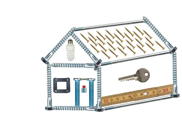 Plans to build a small house. Model home of the screws. Mortgage to build a house. Plan architect. Isolated on white.