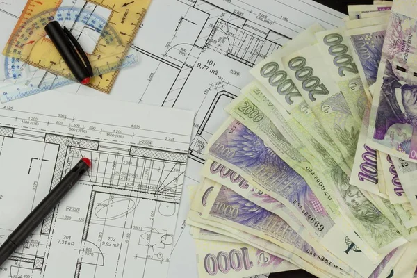 Money to build a house. Mortgage installment. Valid Czech banknotes. Part of architectural project, architectural plan, technical project, construction plan. — Stock Photo, Image