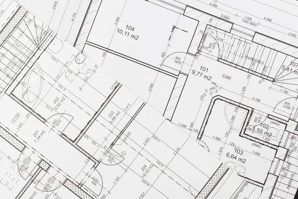 Plannen van het gebouw. Architecturaal project. Plattegrond ontworpen gebouw op de tekening. Rechtenvrije Stockafbeeldingen