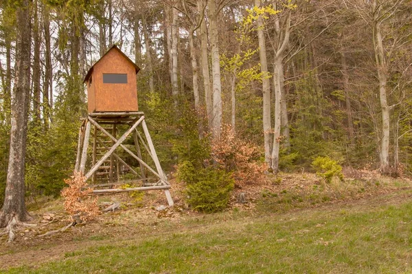 Lovecké skrýt v lese. Lovecké skrýš. Dřevěná věž. — Stock fotografie