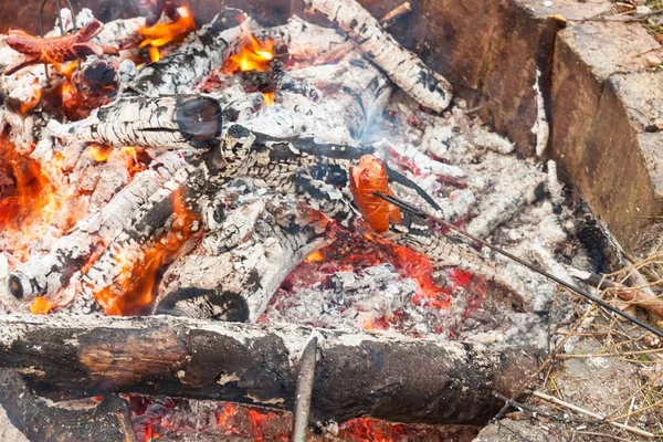 Toasting saucisse sur le feu. Camping dans la nature. Feu dans le camp . — Photo