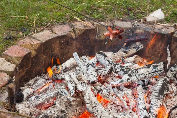 Toasting saucisse sur le feu. Camping dans la nature. Feu dans le camp . — Photo