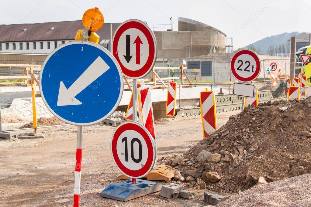 Road repair in the Czech Republic. Traffic signs. Roadwork. Traffic Marking of detours.