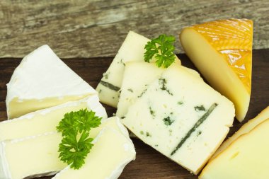 Peynir bir ahşap kesme tahtası üzerinde farklı türleri. Süt ve süt ürünleri. Süt işleme. Diyet gıda.
