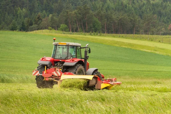 Bekerja di pertanian. Sebuah traktor merah memotong padang rumput. — Stok Foto