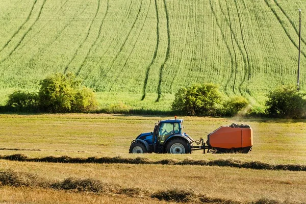 Il trattore blu raccoglie fieno secco. Lavori agricoli nell'azienda agricola nella Repubblica ceca . — Foto Stock