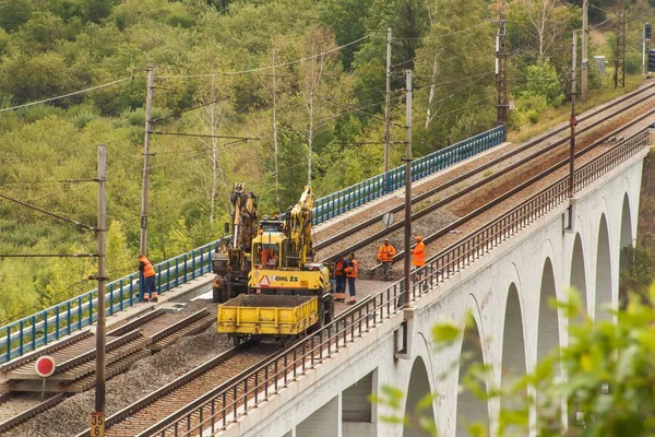 Dolni Locky, Tsjechië-25 juli 2017: reparatie van de oude spoorwegbrug in het dorp van Dolni Loucky. De bouw van de brug begon in 1940 en tijdens de Tweede Wereldoorlog maakte het deel uit van — Stockfoto