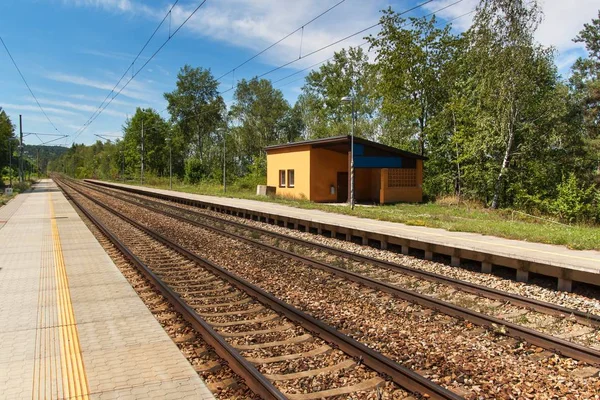 चेक गणराज्य में एक छोड़ दिया ग्रामीण रेलवे स्टेशन। स्टेशन पर खाली मंच। यूरोप भर में ट्रेन से यात्रा . — स्टॉक फ़ोटो, इमेज