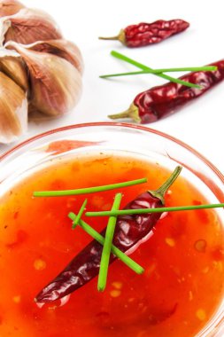 Sos biber ile yaptı. Baharatlı gıda hazırlanması. Sağlıklı gıda. Beyaz bir arka plan üzerinde.