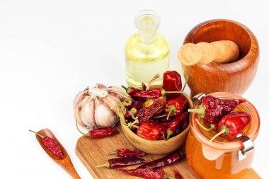 Taze yapılmış Chili Sos. Kırmızı biber biber ve sarımsak ile marine edilmiş. Baharat satışı. Gıda katkı maddeleri.